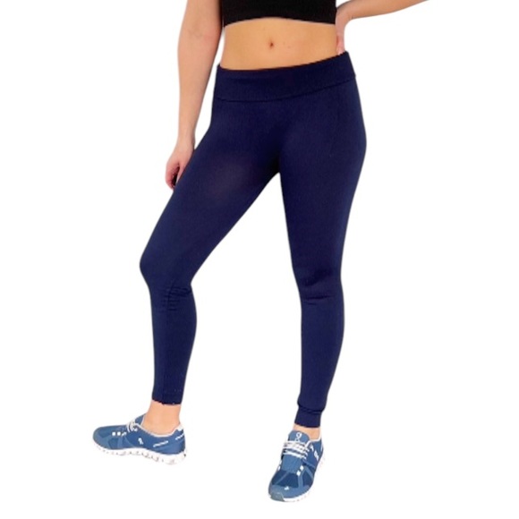Navy blue fleece lined stretch high rise fold-over leggings size small/medium - Picture 1 of 9